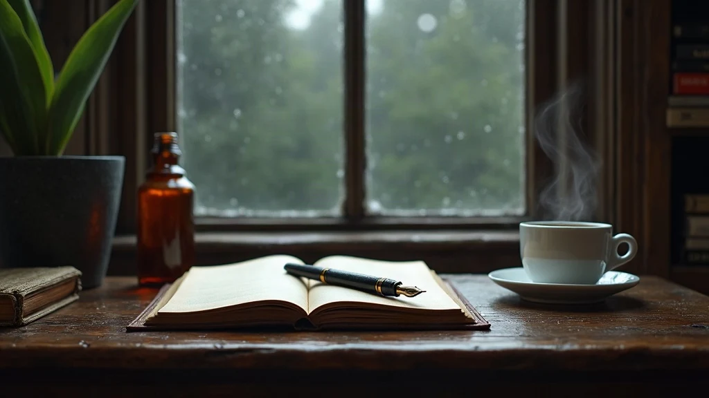 Poetry prompts inspiration desk with notebook and pen