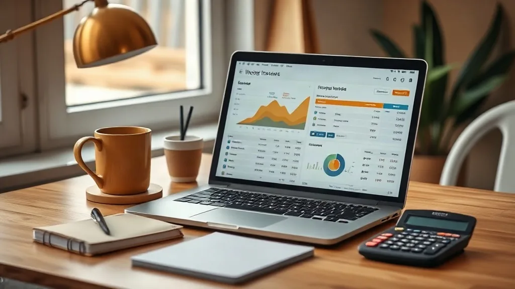 freelance invoicing software on a laptop at a mustard-toned desk