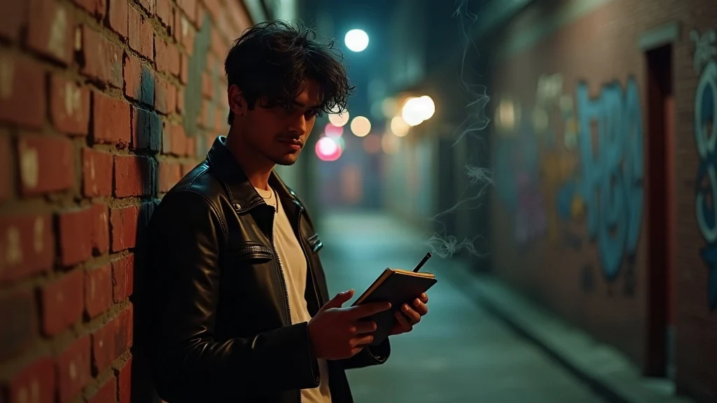 badmashi shayari - young rebel with notebook in urban alley at dusk