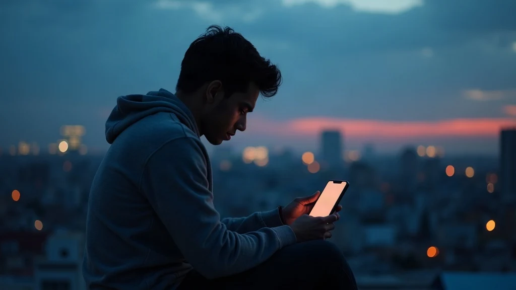 sad shayari for boys - a lonely boy on a rooftop at dusk looking at his phone