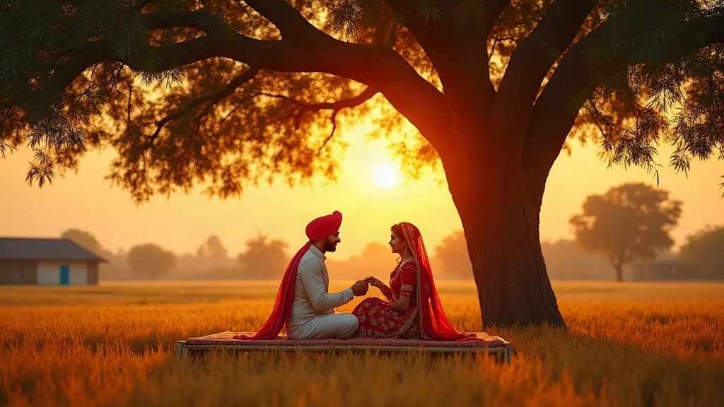 punjabi shayari romantic couple in sunset field