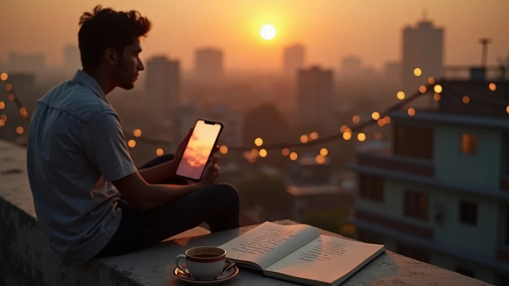 mobile shayari scene with a person holding a smartphone on a rooftop at sunset